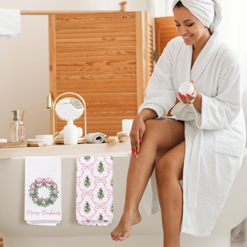 SPBL&L Chinoiserie Christmas Kitchen Towels, Pink Bow Coquette Christmas Tree Dish Towels for Kitchen Bathroom, Pink Christmas Hand Towels for Bathroom Kitchen,Set of 4 Grandmillennial Decor,16x24 Inches - Image 3